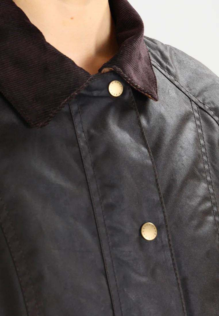 Person wearing a classic British country jacket in a fall outdoor setting.