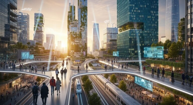 Futuristic Seoul skyline with AI-inspired graphics representing South Korea AI Investment Strategy.