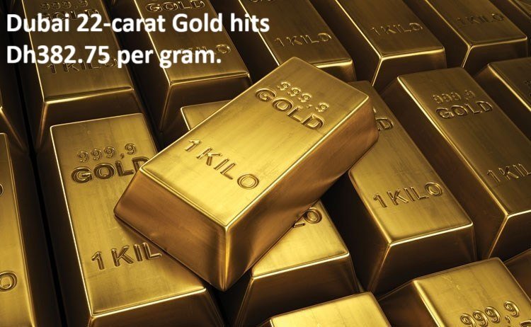 Close-up of gold jewellery and gold bars with price tags showing Dh382.75 per gram in a Dubai retail setting.
