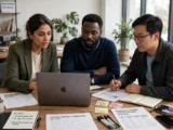 Three diverse marketing professionals collaborating around a wooden table in a bright office, focused on a laptop, surrounded by documents labeled Social Media Campaign Q2 2025, Q2 Goals to increase leads with AI copy variants, and Instagram LinkedIn Content Calendar June 2025, with sticky notes about TikTok ideas and AI suggested hashtags, illustrating how AI and generative AI are redefining marketing tools in 2025.