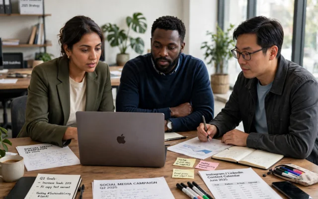 Three diverse marketing professionals collaborating around a wooden table in a bright office, focused on a laptop, surrounded by documents labeled Social Media Campaign Q2 2025, Q2 Goals to increase leads with AI copy variants, and Instagram LinkedIn Content Calendar June 2025, with sticky notes about TikTok ideas and AI suggested hashtags, illustrating how AI and generative AI are redefining marketing tools in 2025.