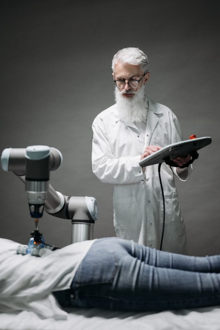 Doctor using artificial intelligence technology in healthcare with digital data overlay
