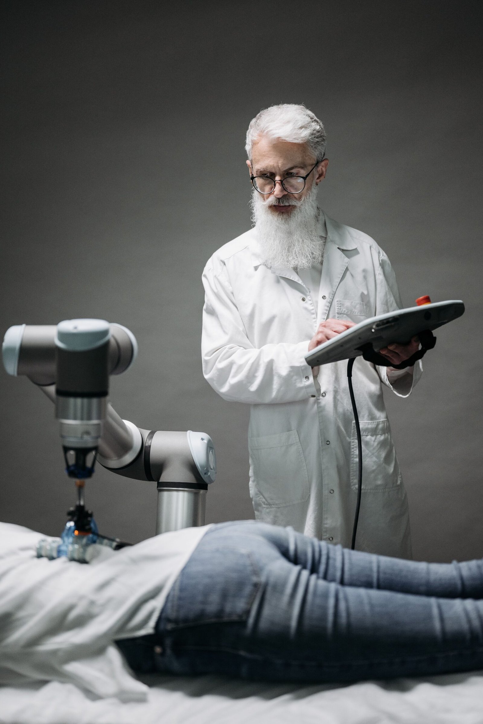 Doctor using artificial intelligence technology in healthcare with digital data overlay