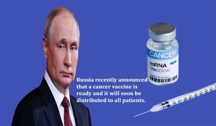 Vladimir Putin speaking at a public forum with a projected images of medical / vaccine graphics behind him.