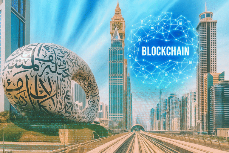 Dubai skyline overlaid with blockchain graphics, symbolizing the UAE’s role in global crypto tax frameworks.