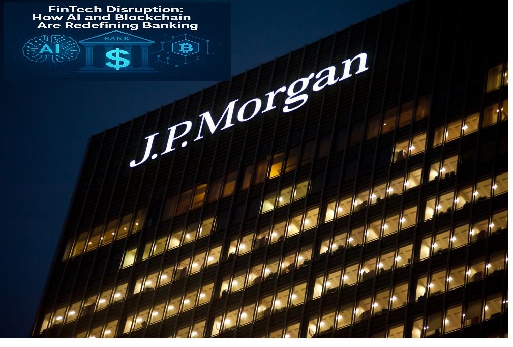 FinTech disruption with AI and blockchain transforming modern banking.