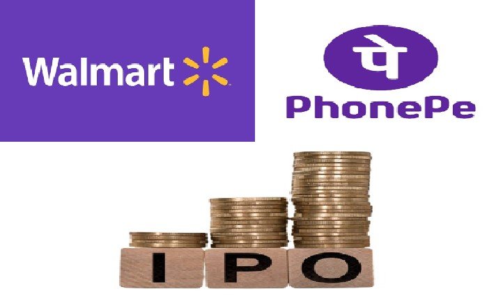 PhonePe mobile app interface with stock market graphics indicating IPO and valuation.