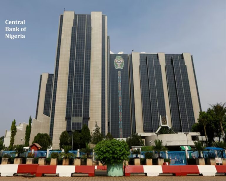 Nigerian Central Bank building with FX and trade indicators