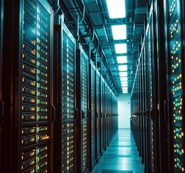 Large data centre complex with power infrastructure and cooling systems.