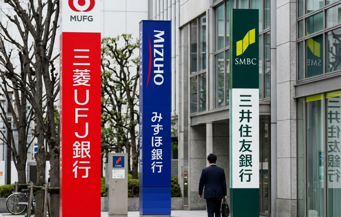 Japan’s Megabanks Join Forces on Stablecoin Launch 1 Corporate signs for Japan's leading financial institutions, MUFG, SMBC, and Mizuho, standing outside a modern banking headquarters.