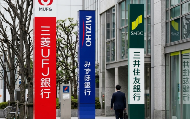 Corporate signs for Japan's leading financial institutions, MUFG, SMBC, and Mizuho, standing outside a modern banking headquarters.