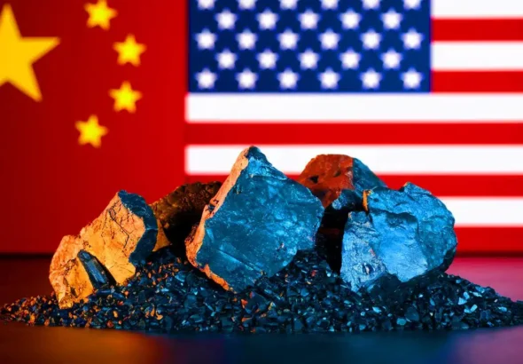 Stack of rare-earth mineral samples with U.S. and China flags in background