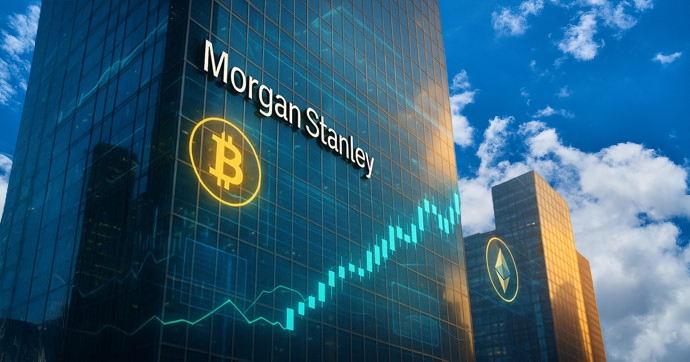 Morgan Stanley logo merged with crypto coin symbols and stock charts.