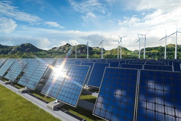 Solar power plant with modern data-center buildings in the background