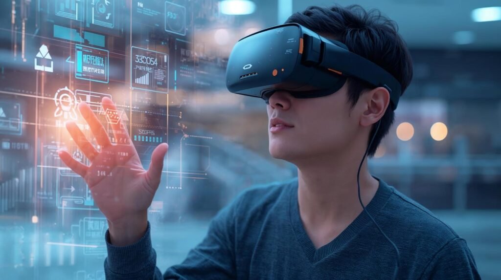 User interacting with digital content through spatial computing and mixed reality technology