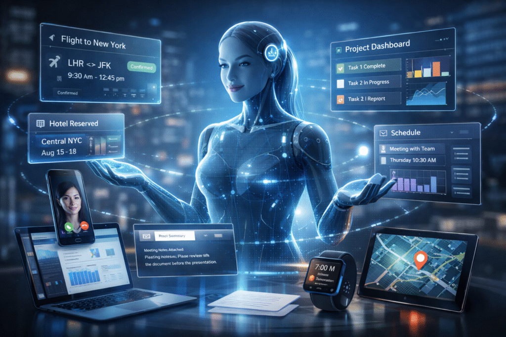 Autonomous AI agent managing tasks across multiple digital platforms