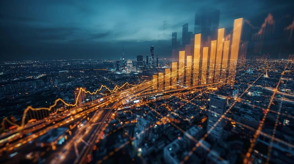 India’s economic growth illustrated through skyline and GDP data visuals.