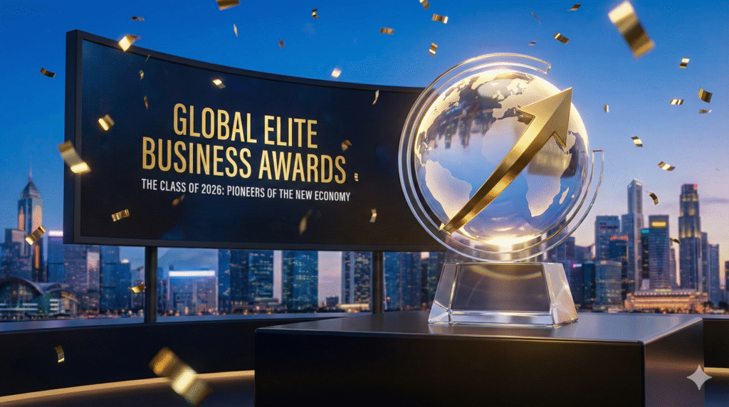 The 2026 Global Elite Class: Pioneers of the New Economy 1 2026 Global Elite Business Awards official winner announcement graphic featuring a luxury trophy and the Pioneers of the New Economy class list