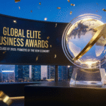 2026 Global Elite Business Awards official winner announcement graphic featuring a luxury trophy and the Pioneers of the New Economy class list