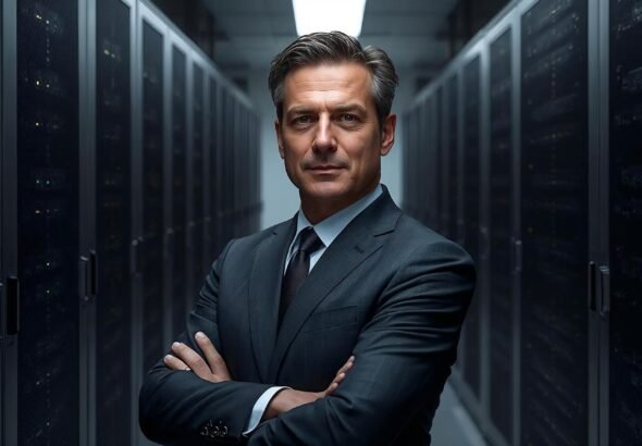 Jensen Huang against a futuristic AI data centre backdrop representing Nvidia’s strategic stance on OpenAI investment