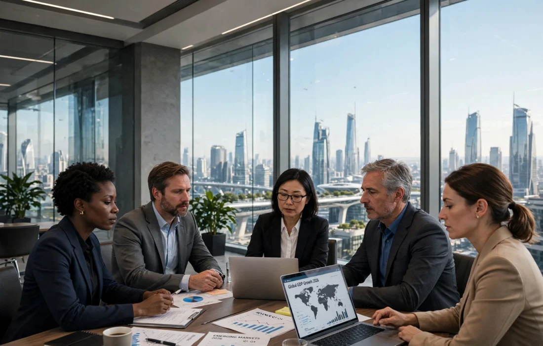 Global Business Trends 2026: The New Rules for Founders and Innovators 1 Five diverse business executives collaborating in a modern high-rise boardroom with city skyline view, analyzing documents and laptops displaying Global GDP Growth 2026 map and Emerging Markets Q1-Q4 bar charts, representing strategic planning for global business trends in 2026