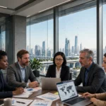 Five diverse business executives collaborating in a modern high-rise boardroom with city skyline view, analyzing documents and laptops displaying Global GDP Growth 2026 map and Emerging Markets Q1-Q4 bar charts, representing strategic planning for global business trends in 2026
