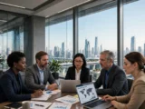 Five diverse business executives collaborating in a modern high-rise boardroom with city skyline view, analyzing documents and laptops displaying Global GDP Growth 2026 map and Emerging Markets Q1-Q4 bar charts, representing strategic planning for global business trends in 2026