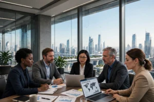 Five diverse business executives collaborating in a modern high-rise boardroom with city skyline view, analyzing documents and laptops displaying Global GDP Growth 2026 map and Emerging Markets Q1-Q4 bar charts, representing strategic planning for global business trends in 2026