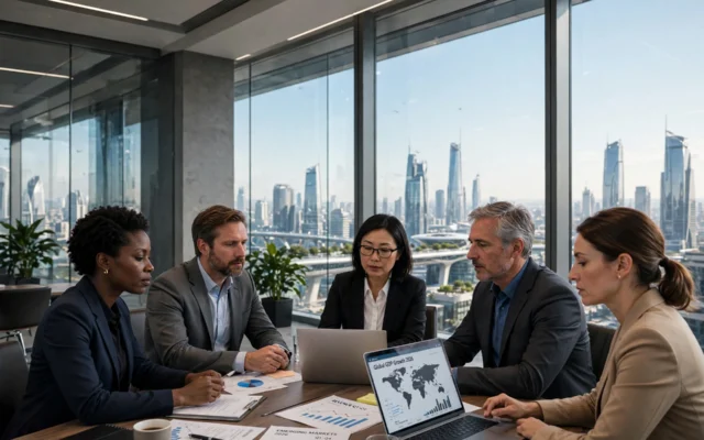 Five diverse business executives collaborating in a modern high-rise boardroom with city skyline view, analyzing documents and laptops displaying Global GDP Growth 2026 map and Emerging Markets Q1-Q4 bar charts, representing strategic planning for global business trends in 2026