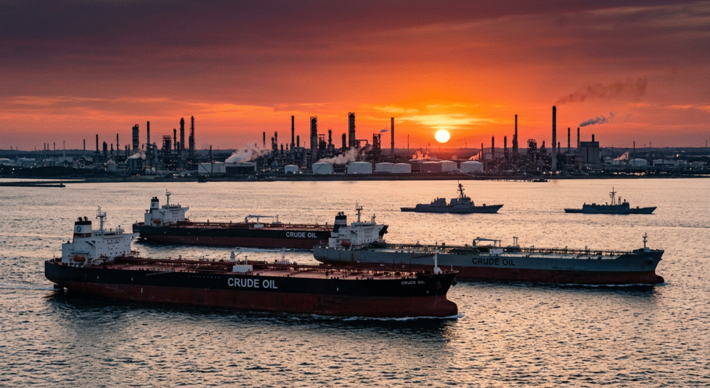 Oil tanker ships moving through the Strait of Hormuz with refinery infrastructure and naval presence in the background.