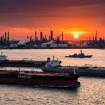 Oil tanker ships moving through the Strait of Hormuz with refinery infrastructure and naval presence in the background.