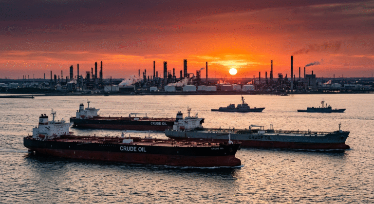 Oil tanker ships moving through the Strait of Hormuz with refinery infrastructure and naval presence in the background.