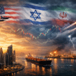 Oil tanker and Middle East skyline under stormy skies with jets, missiles, and US, Israel, and Iran flags, symbolizing war and economic impact.