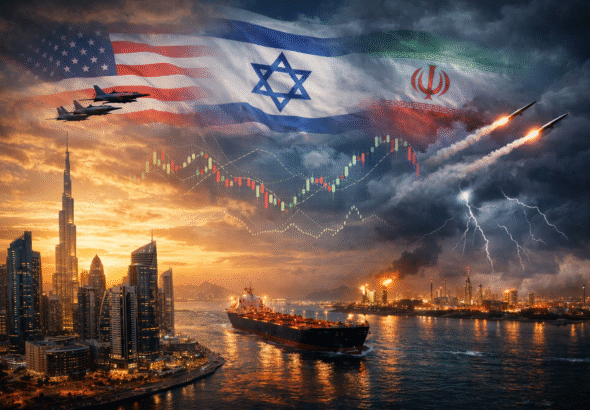 Oil tanker and Middle East skyline under stormy skies with jets, missiles, and US, Israel, and Iran flags, symbolizing war and economic impact.