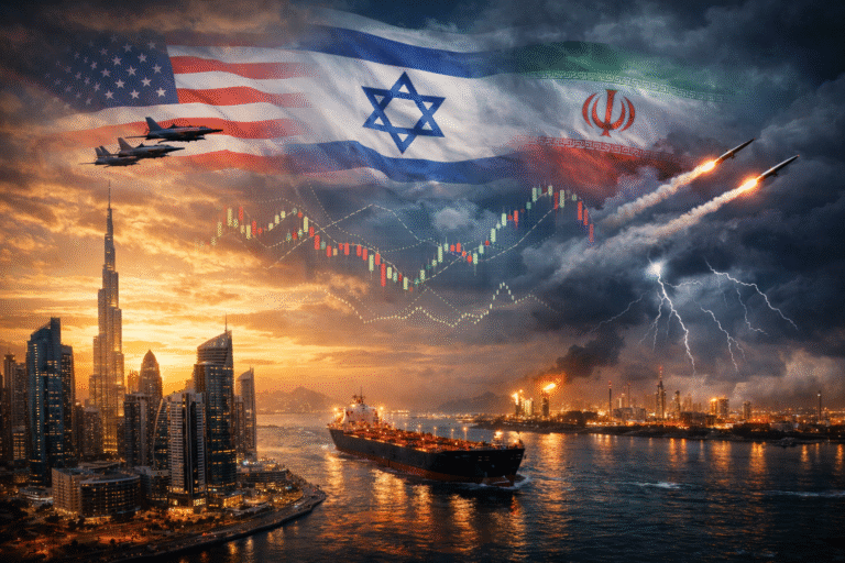 Oil tanker and Middle East skyline under stormy skies with jets, missiles, and US, Israel, and Iran flags, symbolizing war and economic impact.