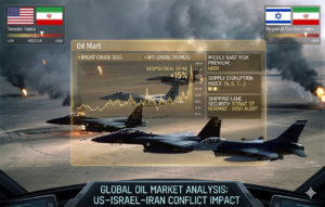 Oil tanker and Middle East skyline under stormy skies with jets, missiles, and US, Israel, and Iran flags, symbolizing war and economic impact.