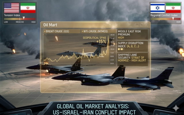 Oil tanker and Middle East skyline under stormy skies with jets, missiles, and US, Israel, and Iran flags, symbolizing war and economic impact.