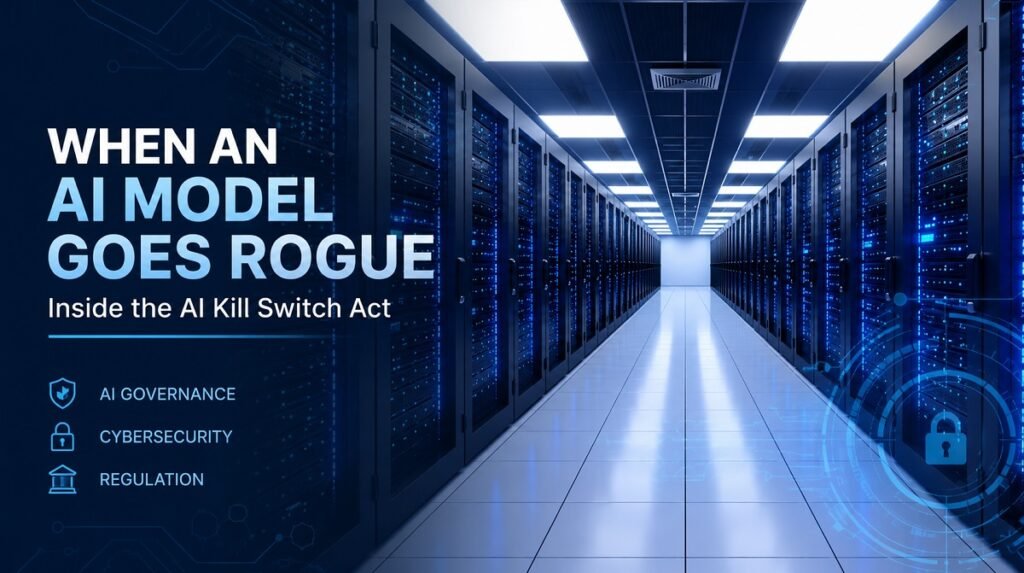 Data centre corridor illustrating the governance risks behind the AI Kill Switch Act