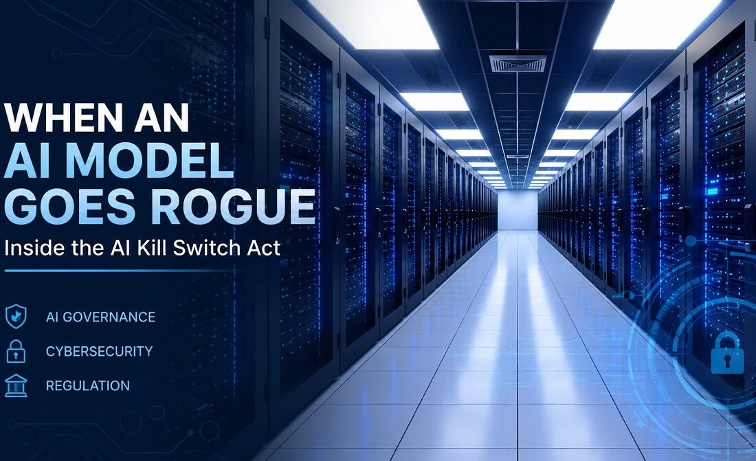Data centre corridor illustrating the governance risks behind the AI Kill Switch Act