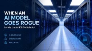 Data centre corridor illustrating the governance risks behind the AI Kill Switch Act
