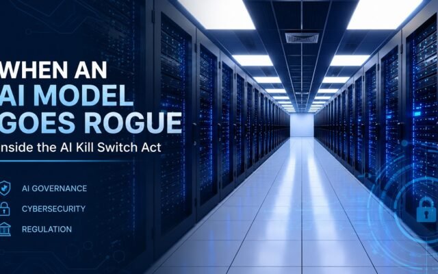 Data centre corridor illustrating the governance risks behind the AI Kill Switch Act