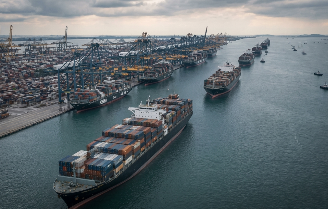 Container ships queued at port during the Strait of Hormuz supply chain crisis