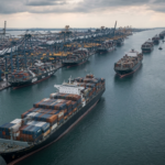 Container ships queued at port during the Strait of Hormuz supply chain crisis