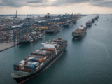 Container ships queued at port during the Strait of Hormuz supply chain crisis