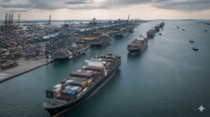 Container ships queued at port during the Strait of Hormuz supply chain crisis