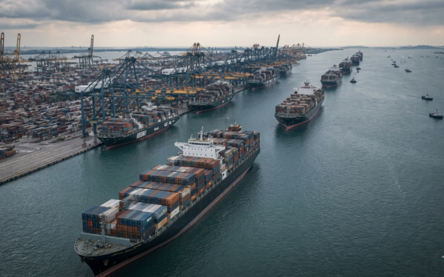 Container ships queued at port during the Strait of Hormuz supply chain crisis