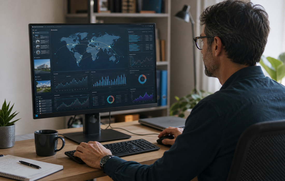 The Global Website Economy: How the World’s Websites Are Growing and the Businesses Powering Them 16 Business professional analysing global website economy data and digital infrastructure growth on a computer dashboard.
