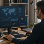 Business professional analysing global website economy data and digital infrastructure growth on a computer dashboard.