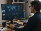 Business professional analysing global website economy data and digital infrastructure growth on a computer dashboard.