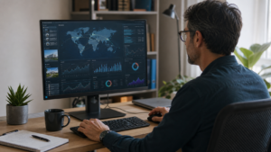 Business professional analysing global website economy data and digital infrastructure growth on a computer dashboard.